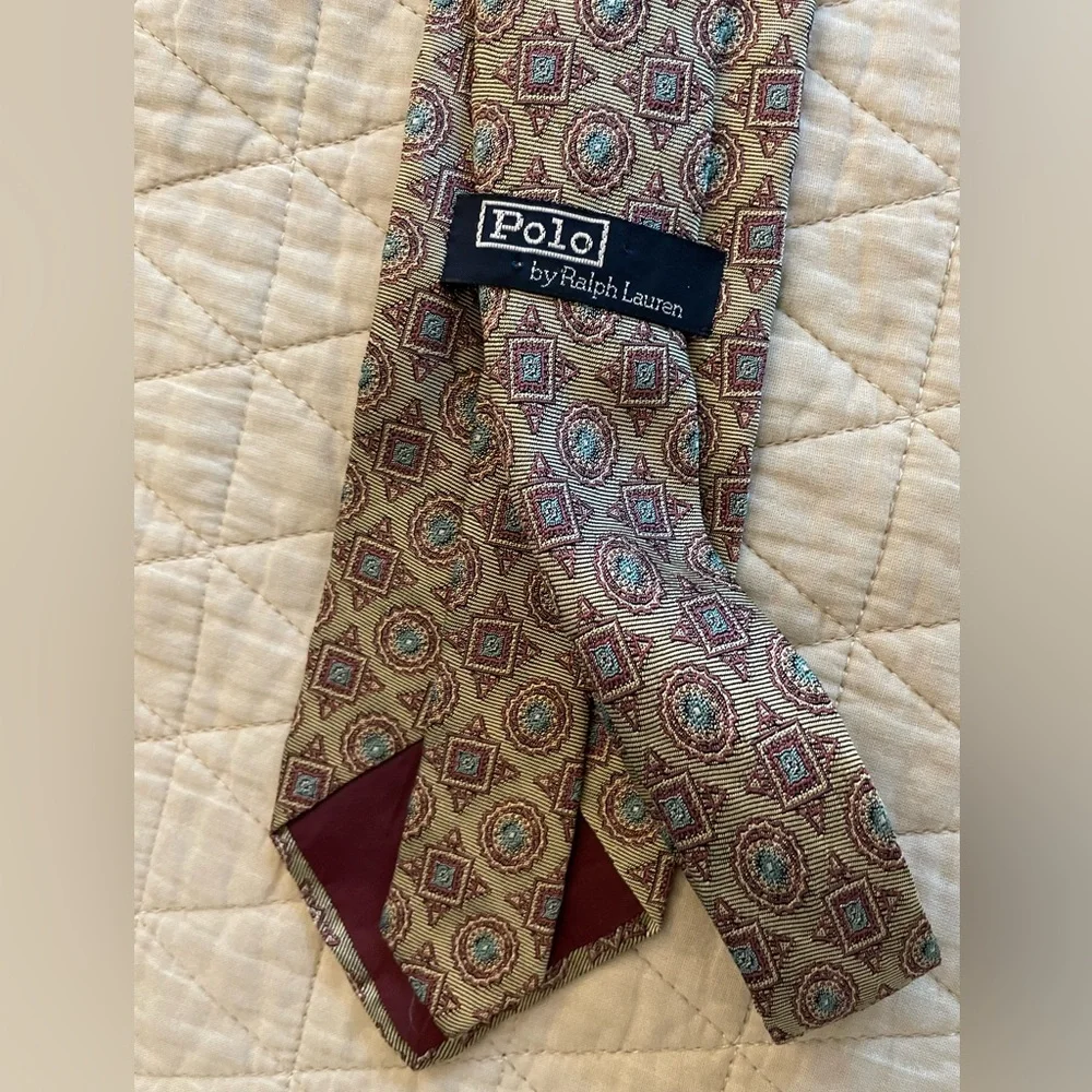 Polo Ralph Lauren Hand‎ Made In USA Vintage Jacquard Medallion Print Silk Tie